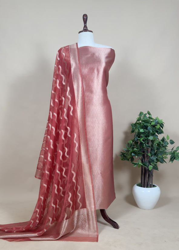 Pink Tissue Brocade Silk Unstitched Suit With Zari Weaving