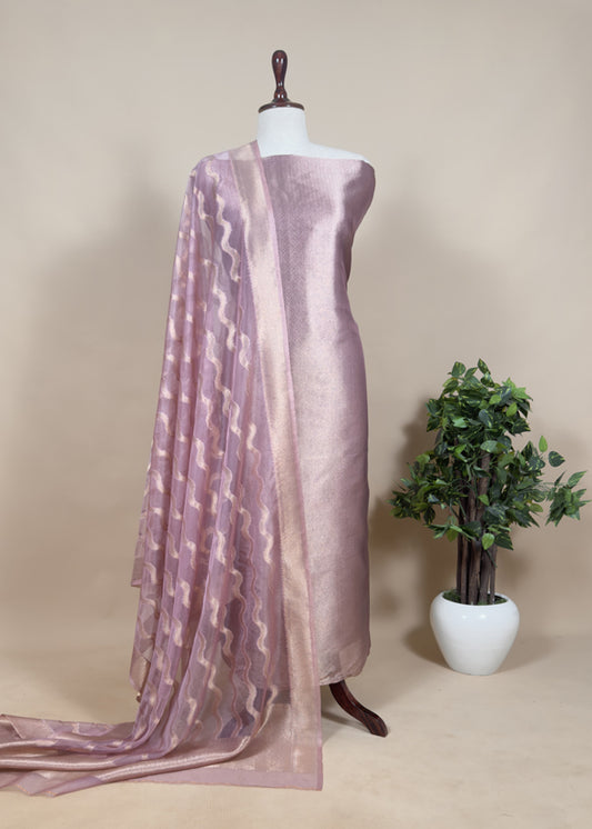 Pink Tissue Brocade Silk Unstitched Suit With Zari Weaving
