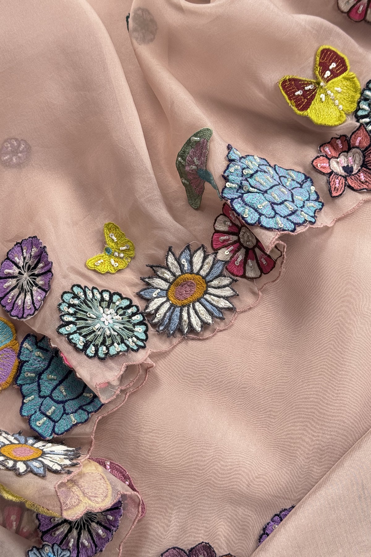Sheel Peach Garden Of Love Peach Nude Organza Silk Suit With Foliage Appliqué 3d Handwork