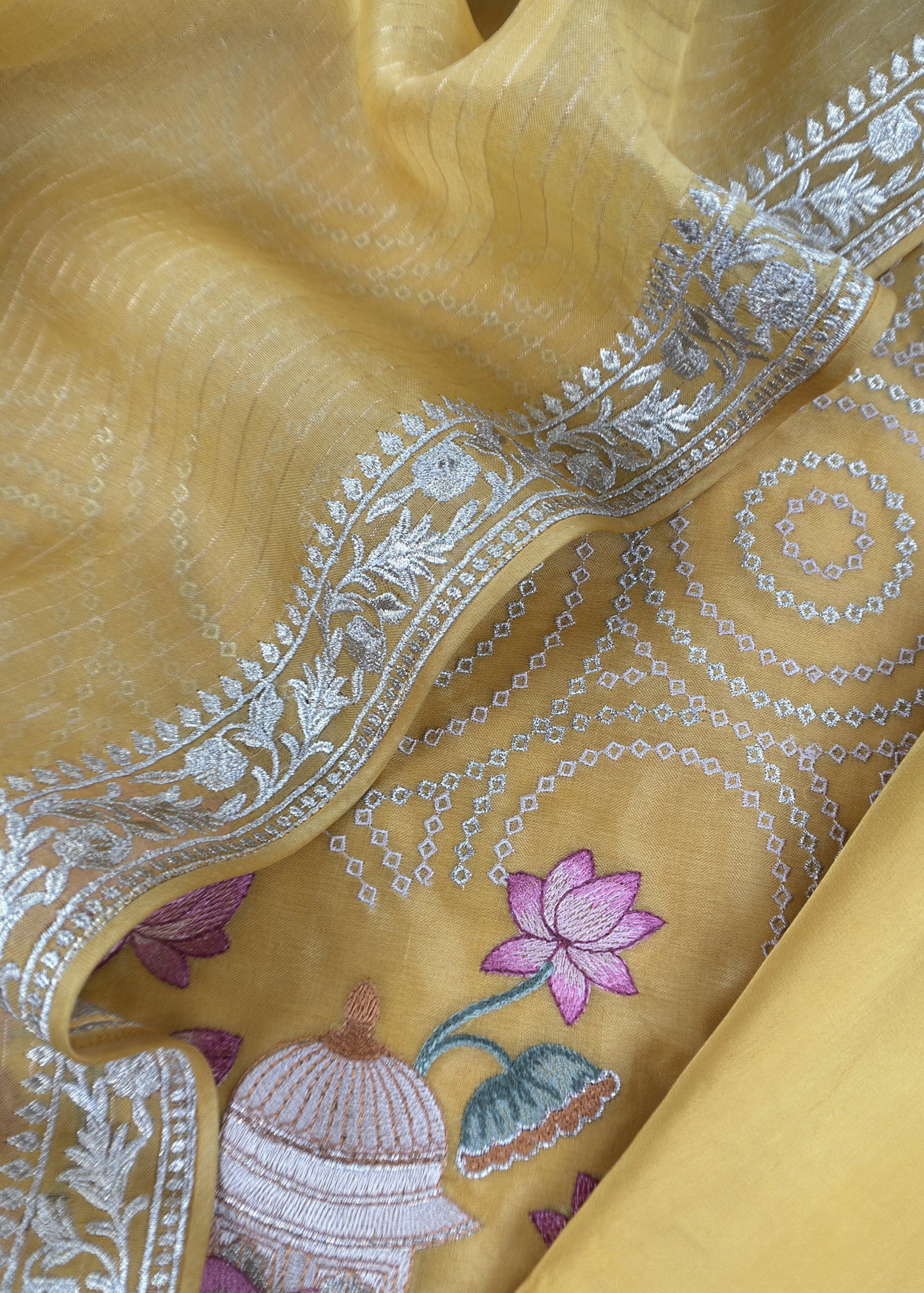 Marigold Yellow Handloom Kora Silk Suit With Gold Silver Zari And Pichwai Embroidery