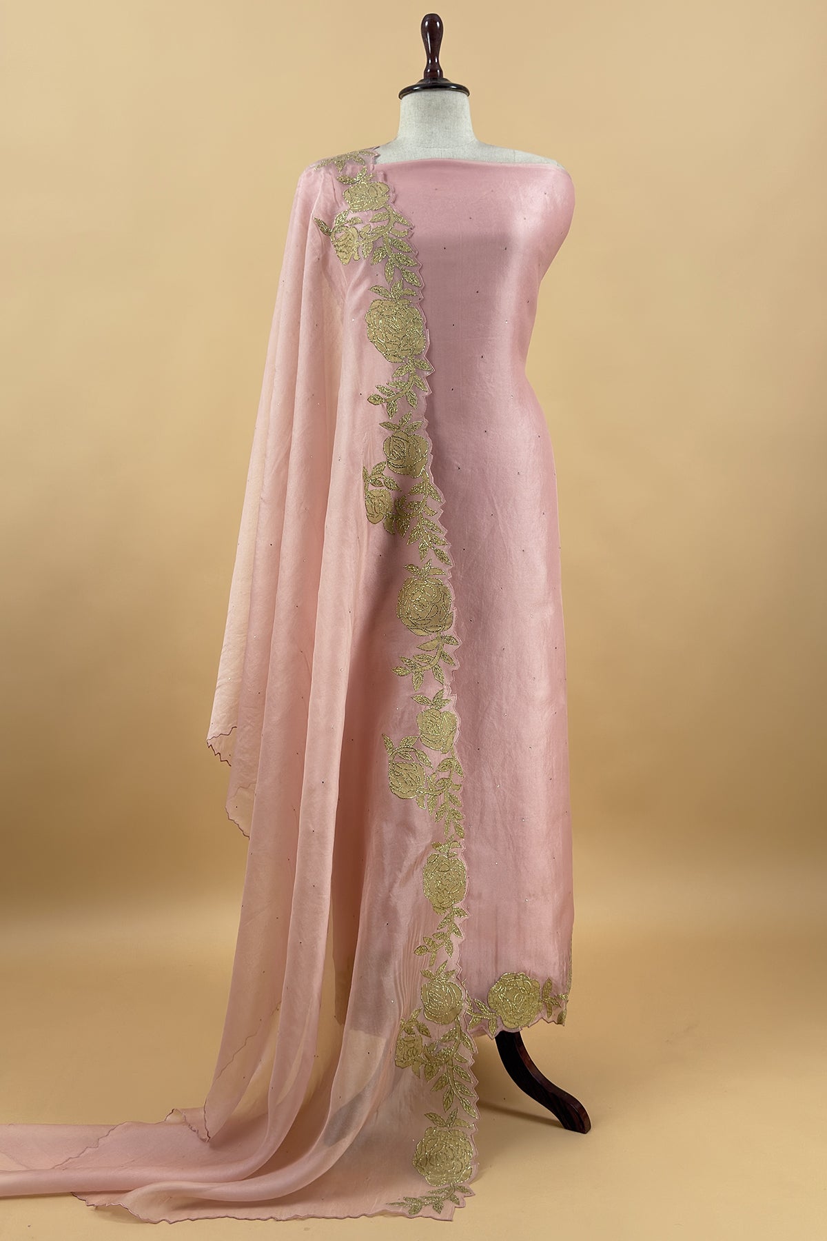 Baby Pink Pure tissue Silk Suit With Floral Applique Work