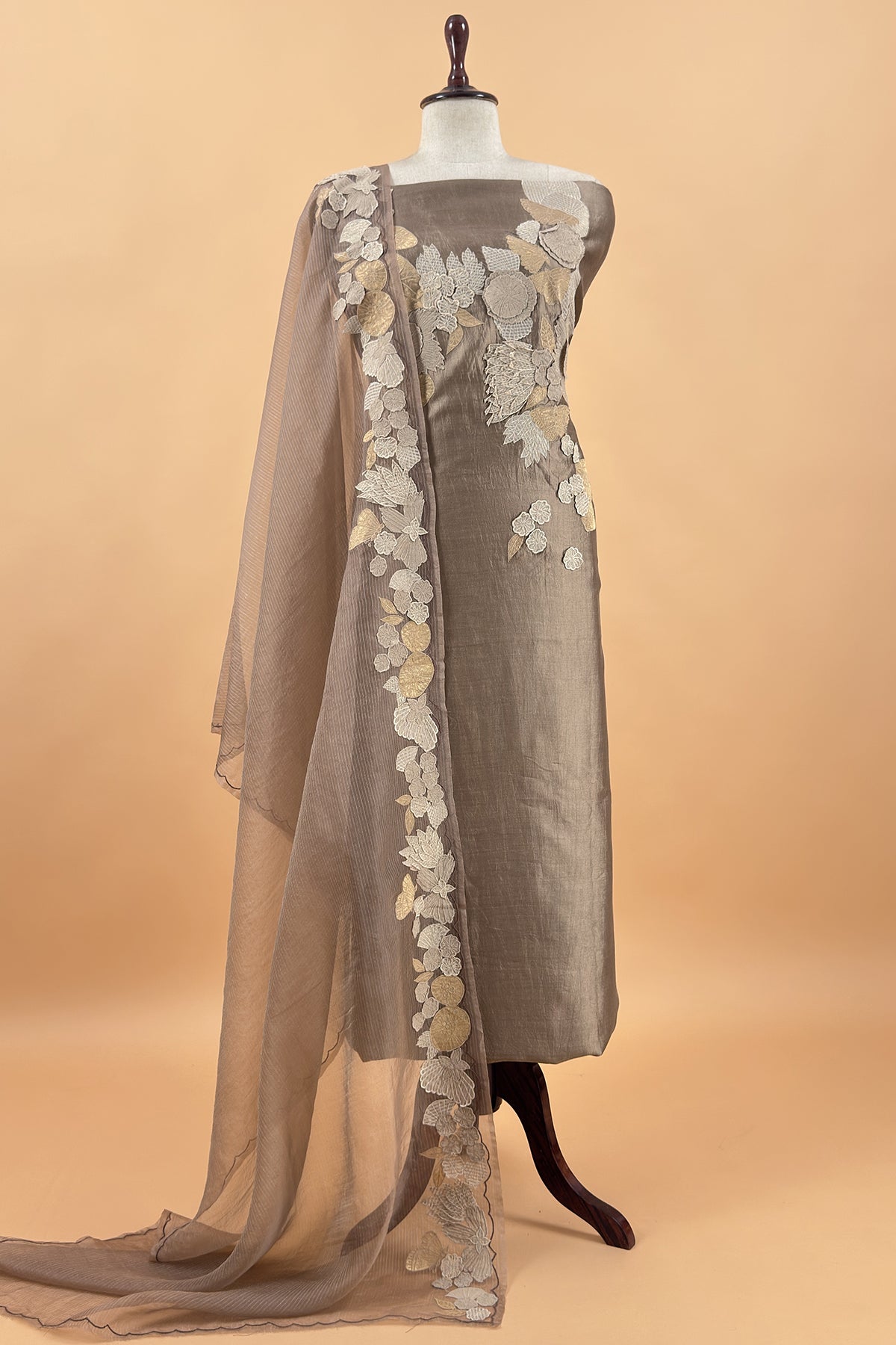 Walnut Brown Chanderi Silk Suit With 3d Appliqué Patch Work