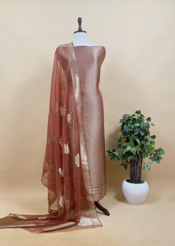Gray Banarasi Silk Brocade Suit With Organza Dupatta