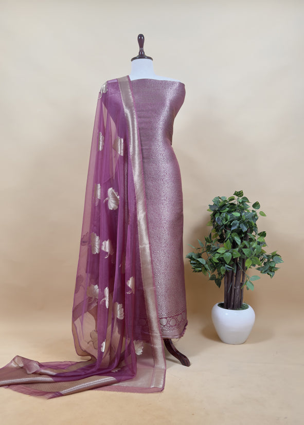 Purple Brocade Kurta With Organza Dupatta