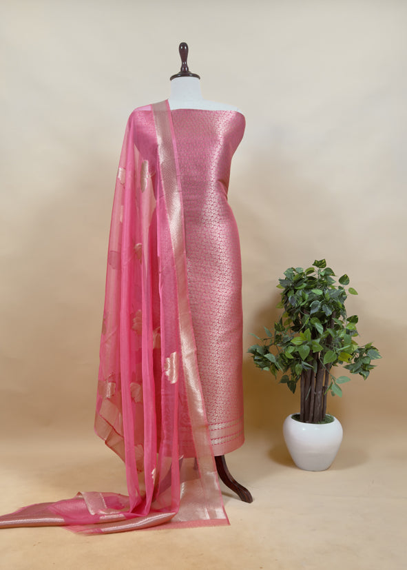 Gray Banarasi Silk Brocade Suit With Organza Dupatta