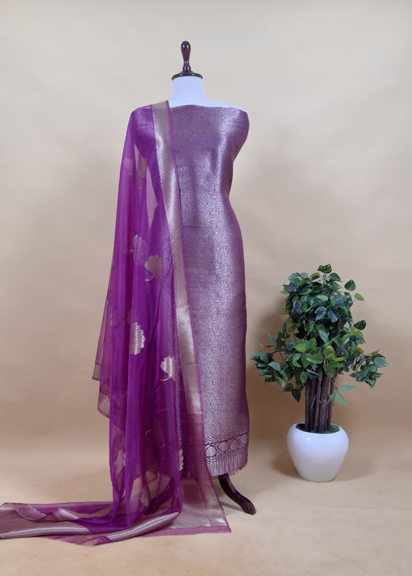Purple Brocade Kurta With Organza Dupatta