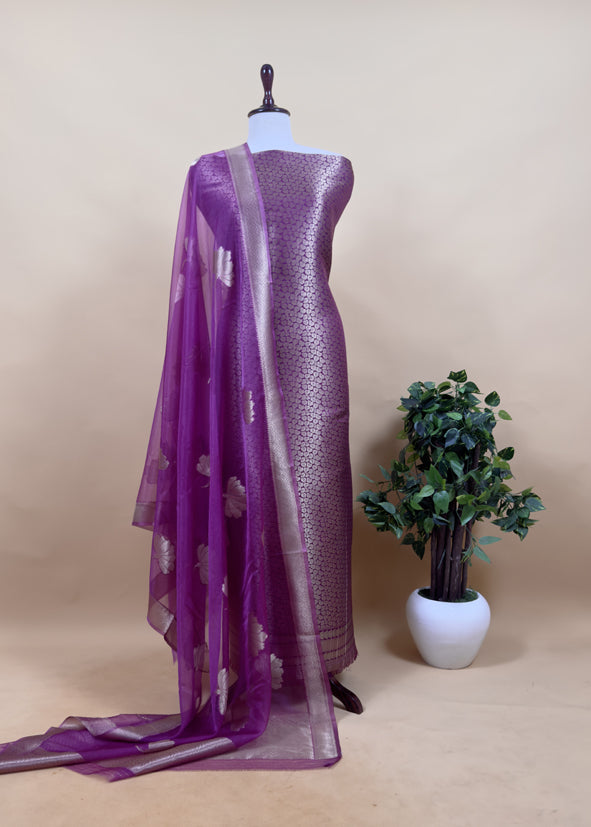 Gray Banarasi Silk Brocade Suit With Organza Dupatta