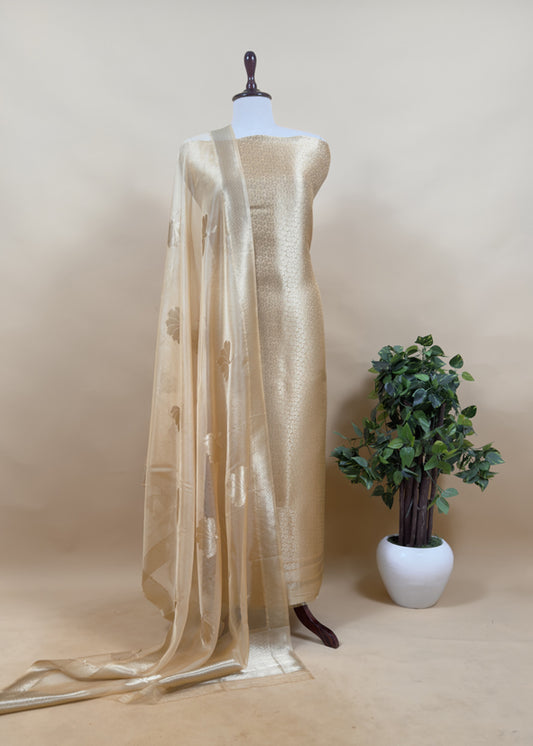 Light yellow  Banarasi Silk Brocade Suit With Organza Dupatta