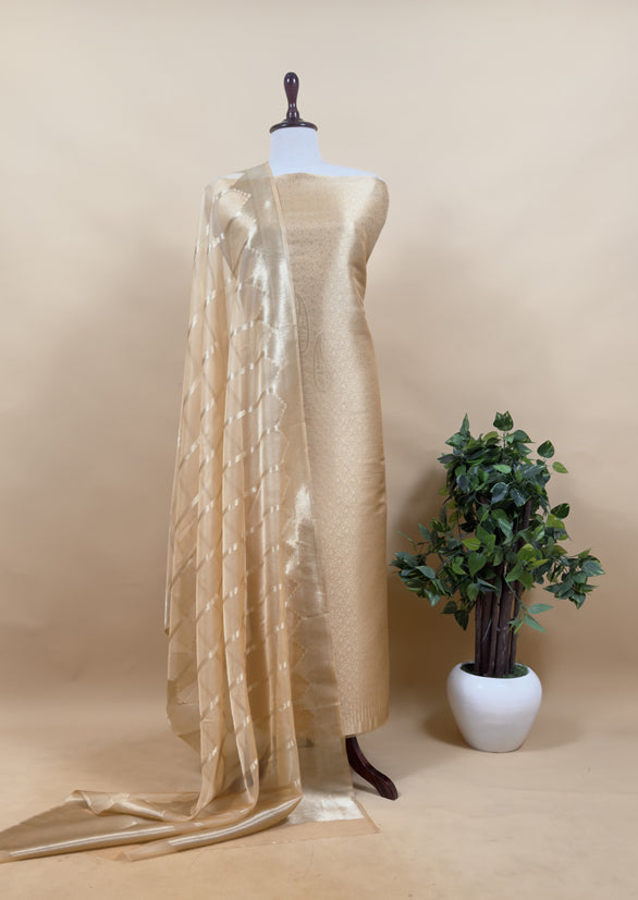 Brown Banarasi Silk Brocade Suit With Organza Dupatta