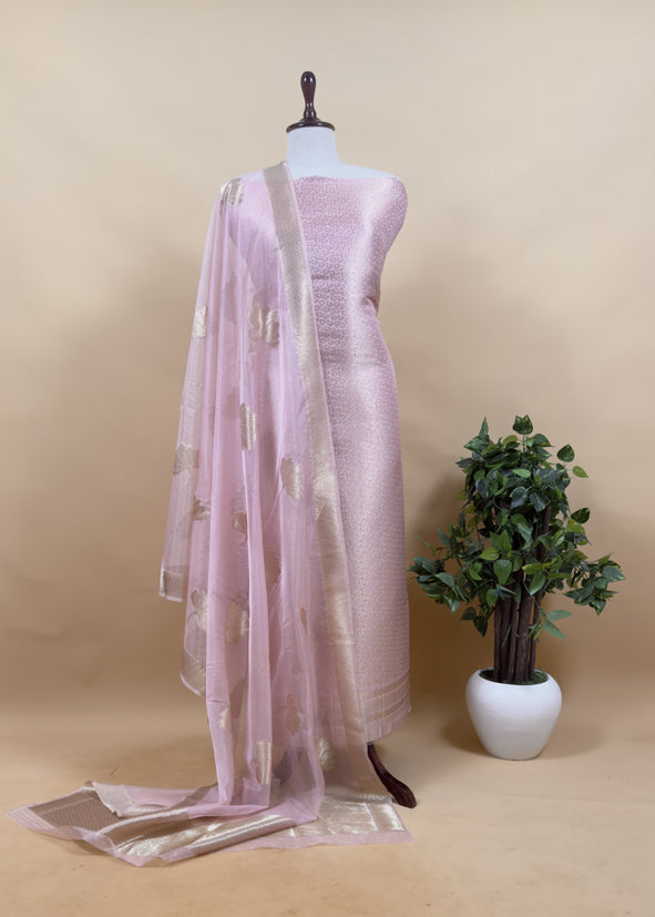 Gray Banarasi Silk Brocade Suit With Organza Dupatta