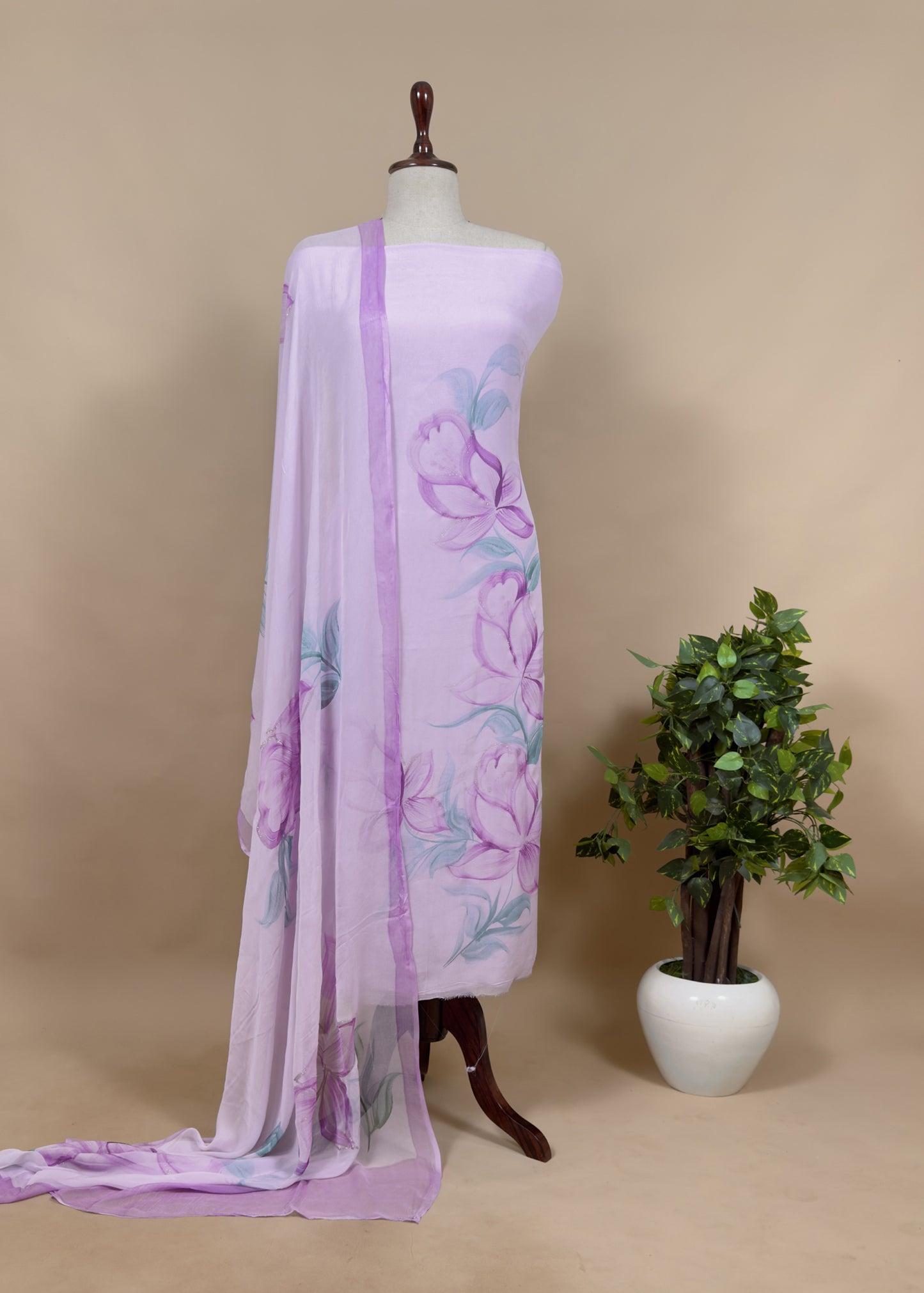 Purple Handpainted Crepe Suit With Dupatta