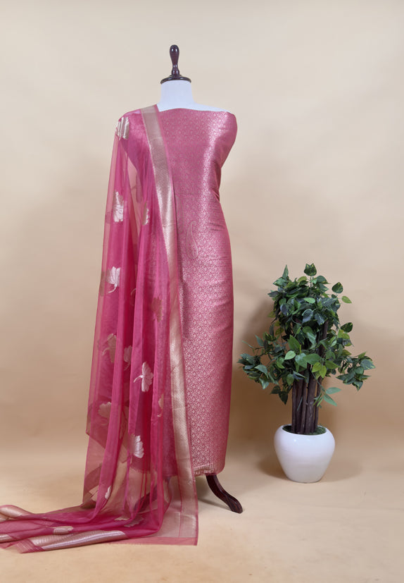 Brown Banarasi Silk Brocade Suit With Organza Dupatta