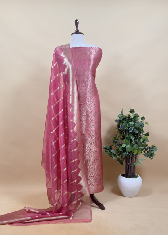 Redish Pink Brocade Kurta With Organza Dupatta