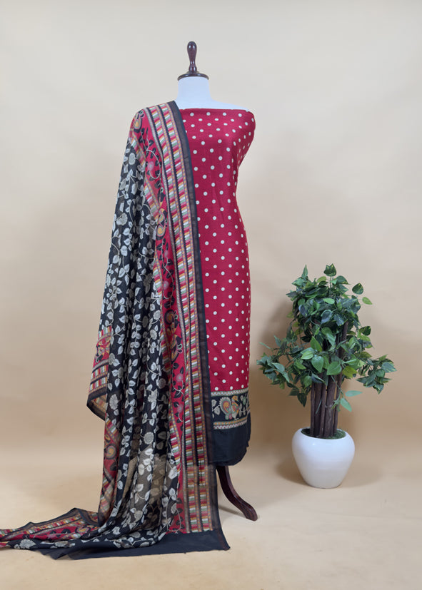 Black And Red Pure Maheshwari Silk Unstitched Suit With Madhubani Dupatta