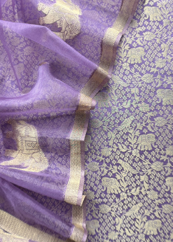 Purple Brocade Kurta With Organza Dupatta