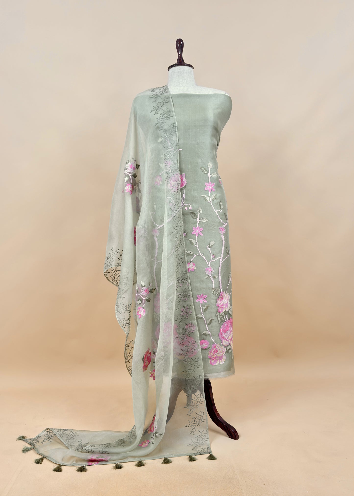 Senorita Dreamy Pink Handloom Organza Silk Suit Fabric With Cross-Stitch Embroidery