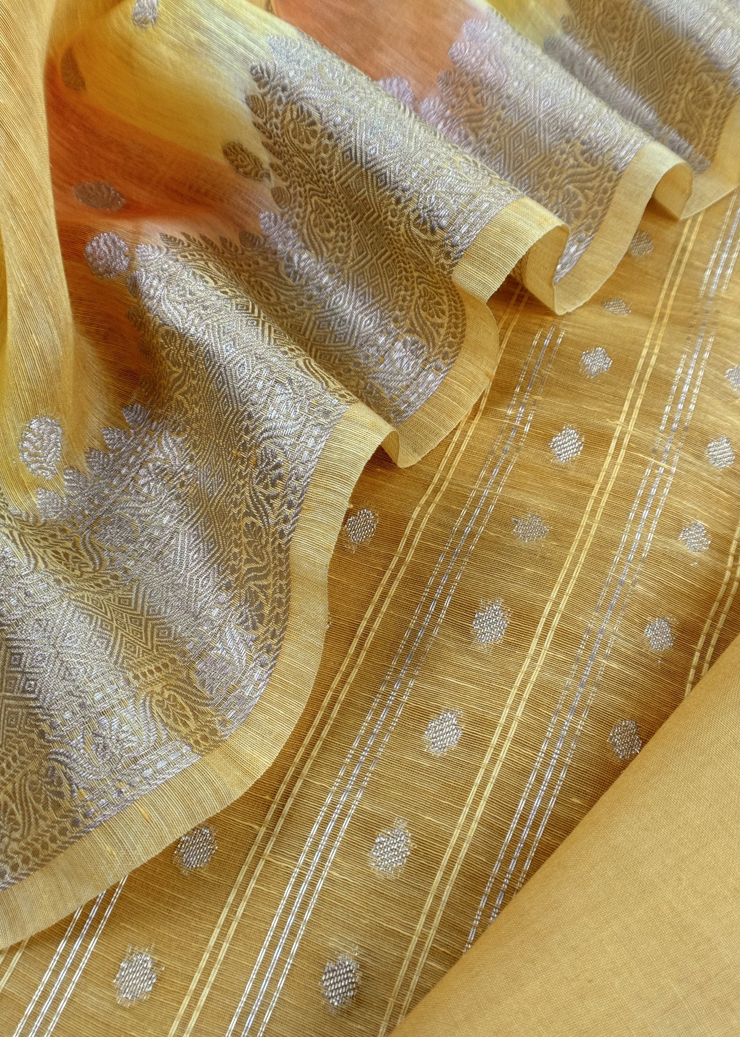 Sunflower yellow handloom linen silk suit fabric with zari weaving