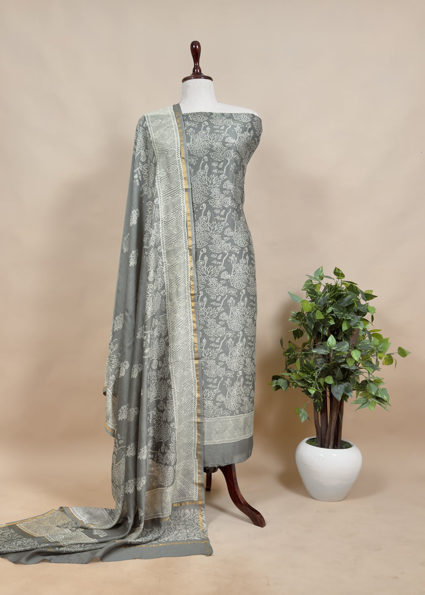 Mehandi Green Maheshwari Suit With Block Printing