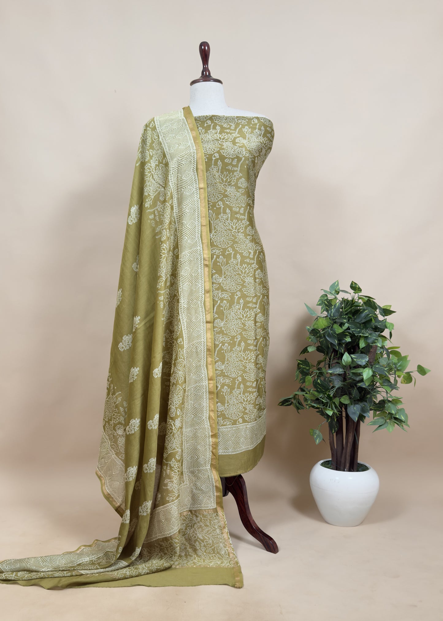 Mehandi Green Maheshwari Suit With Block Printing