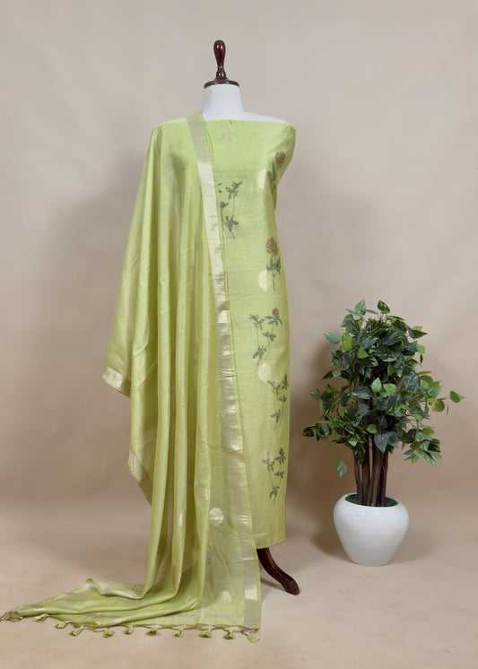 Green Summer floral Unstitched Suit in Chanderi Blend fabric