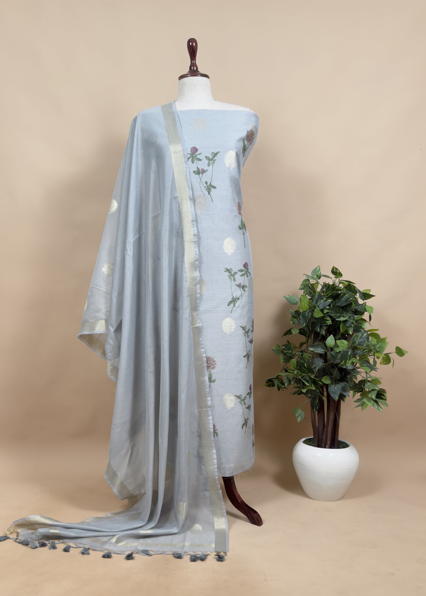 Green Summer floral Unstitched Suit in Chanderi Blend fabric