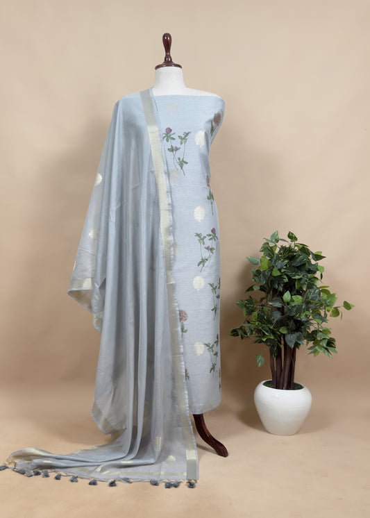 Blue Summer floral Unstitched Suit in Chanderi Blend fabric