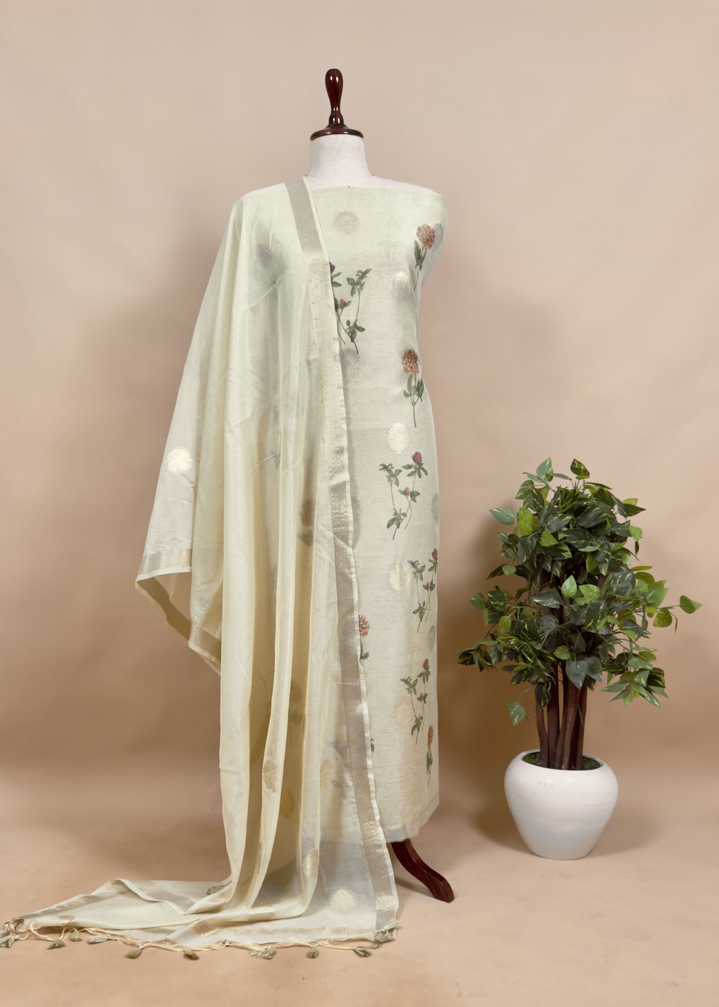 Green Summer floral Unstitched Suit in Chanderi Blend fabric