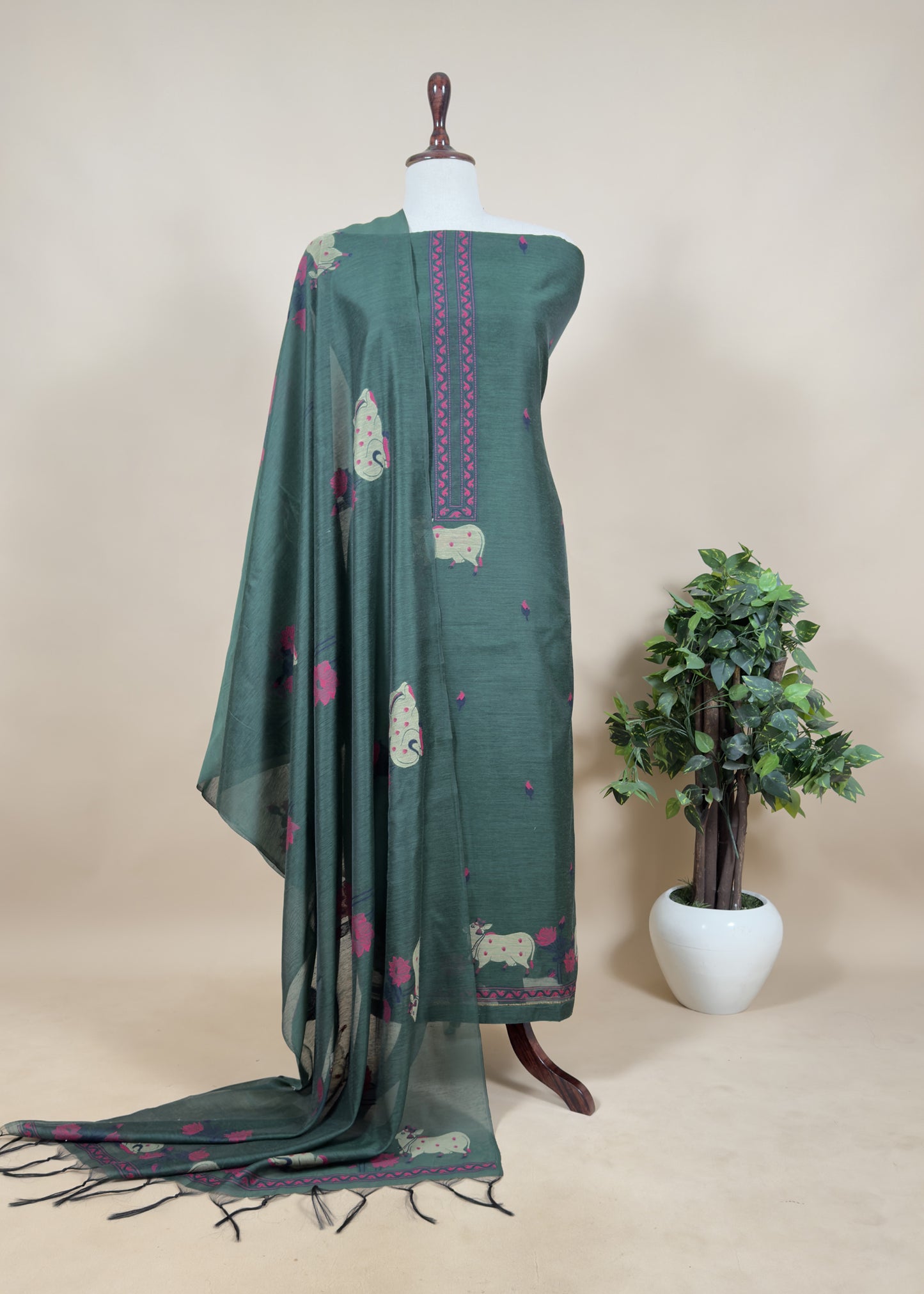 Purple Wine Unstitched Chanderi Dupatta-Suit With Pichwai Jamdani Weaving
