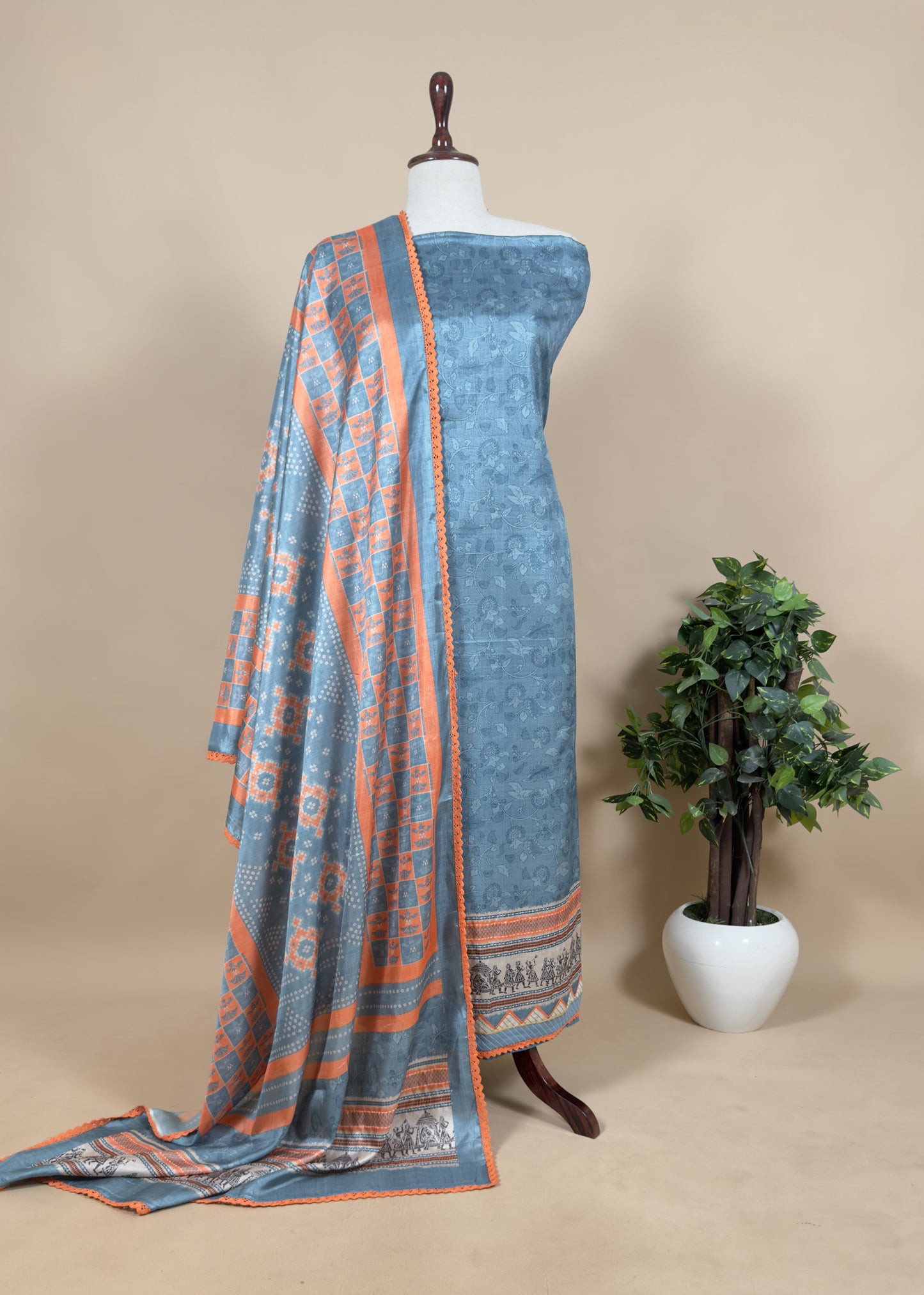 Mustard Yellow Printed Unstitched Suit in Art Tussar Fabric