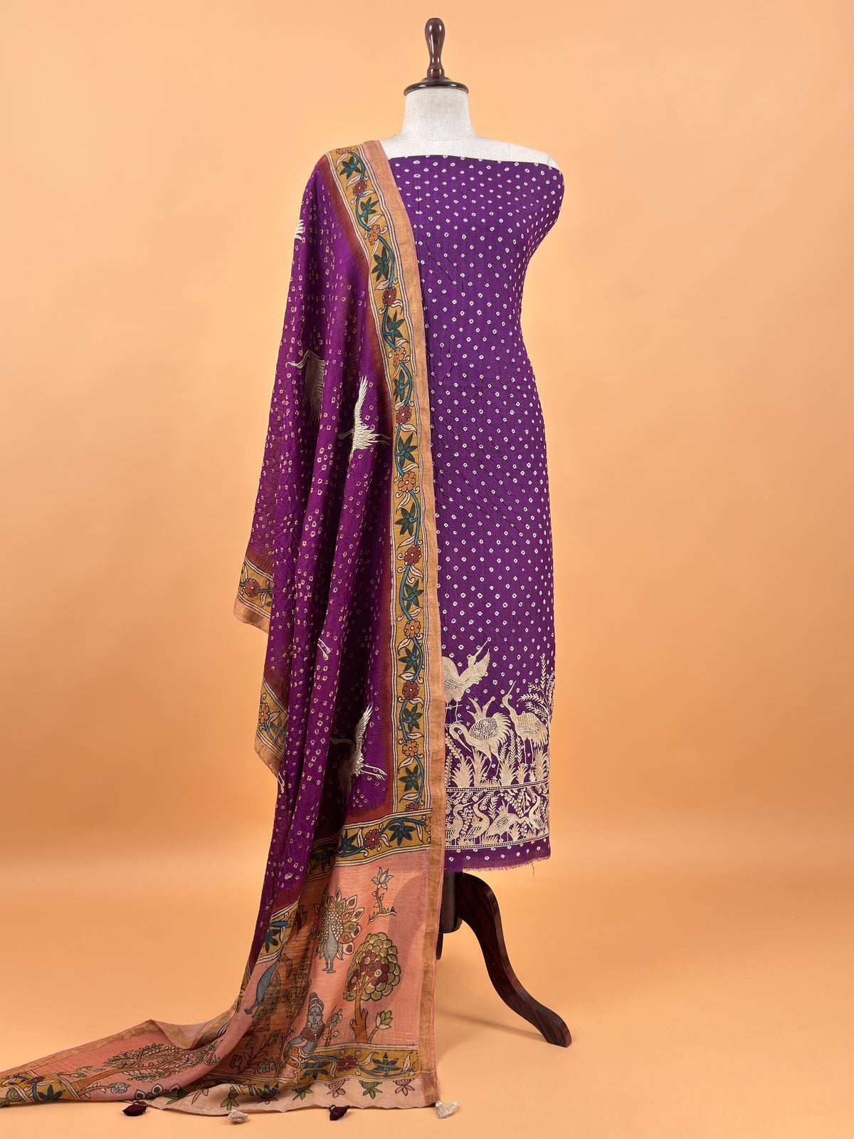 Purple Flamingo Handloom Desi Tussar Bandhani Kurta And Authentic Hand-Painted Kalamkari Dupatta