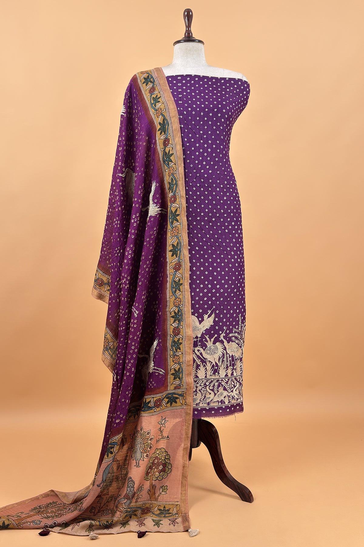 Purple Flamingo Handloom Desi Tussar Bandhani Kurta And Authentic Hand-Painted Kalamkari Dupatta