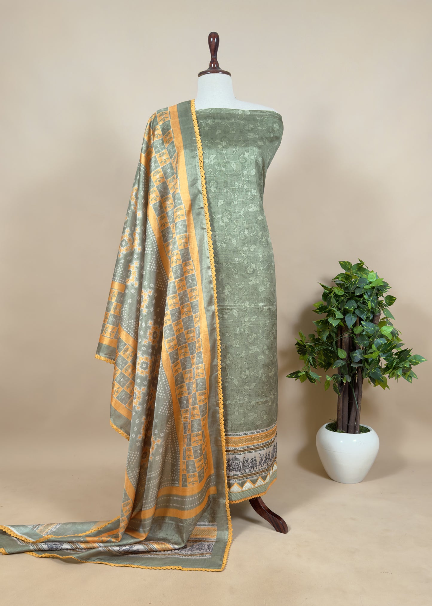 Mustard Yellow Printed Unstitched Suit in Art Tussar Fabric