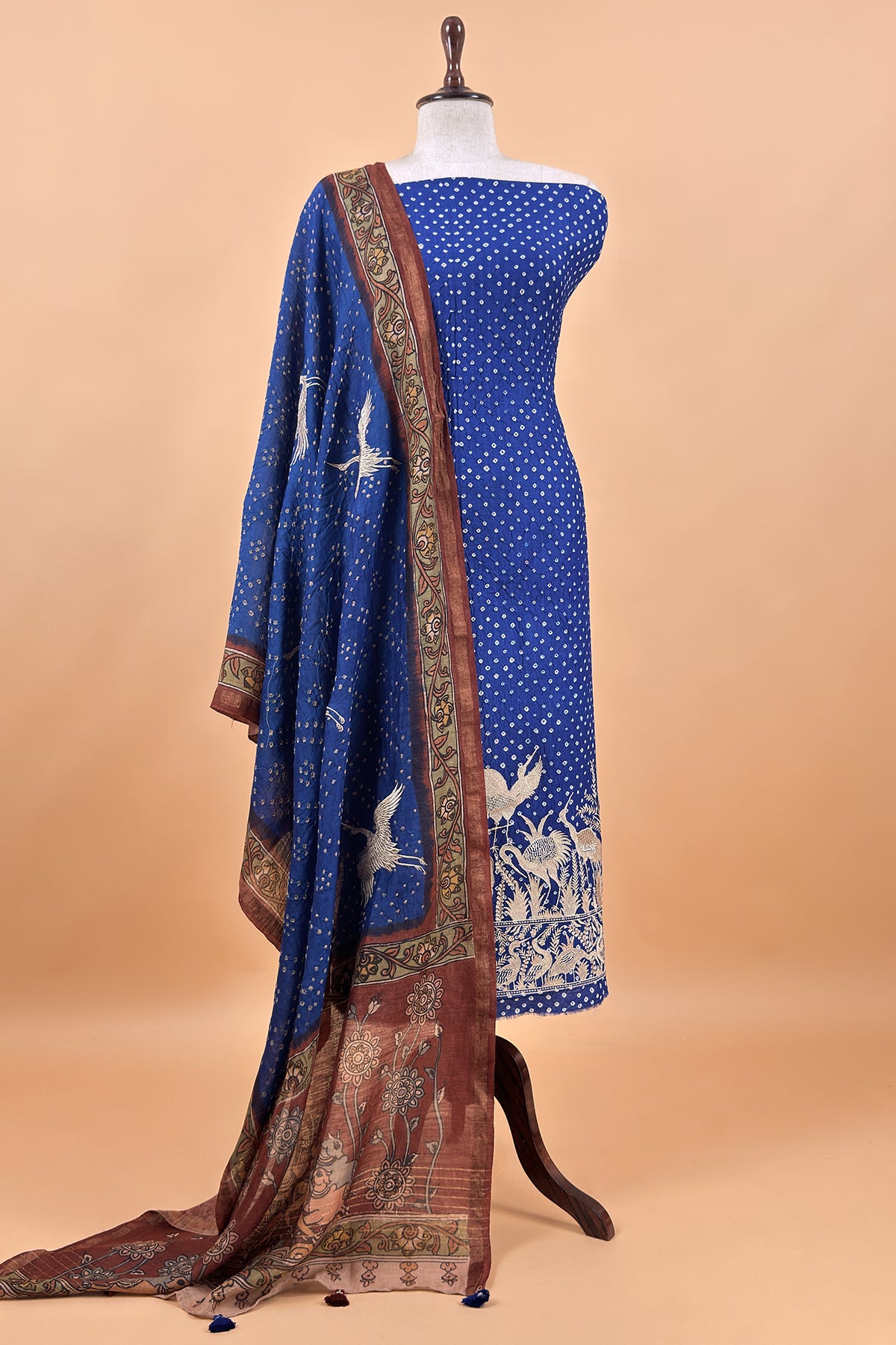 Derk Blue Flamingo Handloom Desi Tussar Bandhani Kurta And Authentic Hand-Painted Kalamkari Dupatta