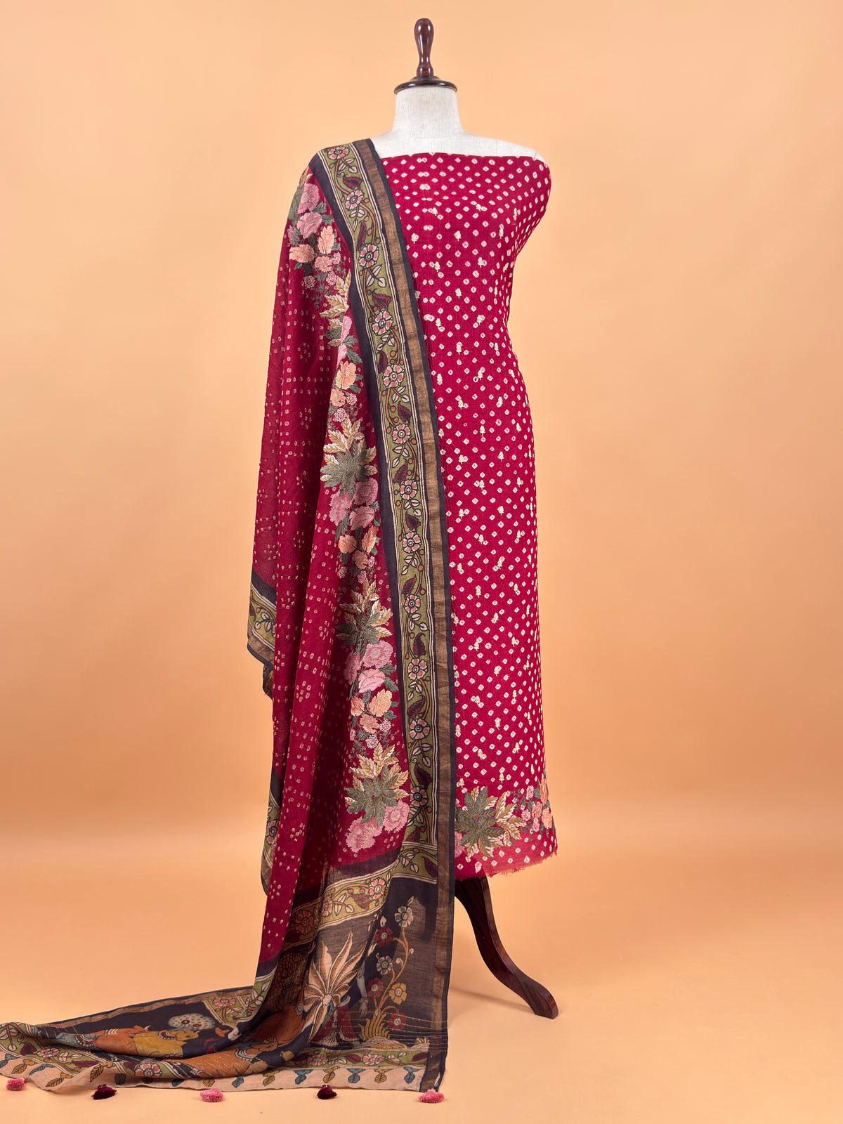 Red Handloom Desi Tussar Bandhani Kurta And Authentic Hand-Painted Kalamkari Dupatta