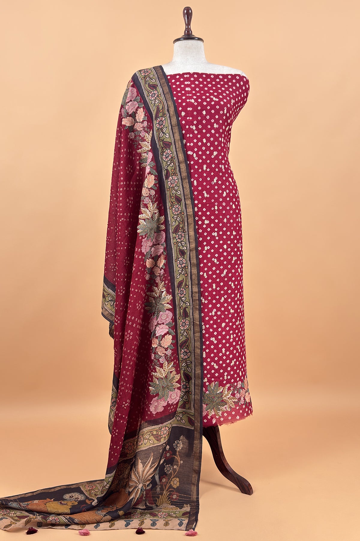 Red Handloom Desi Tussar Bandhani Kurta And Authentic Hand-Painted Kalamkari Dupatta