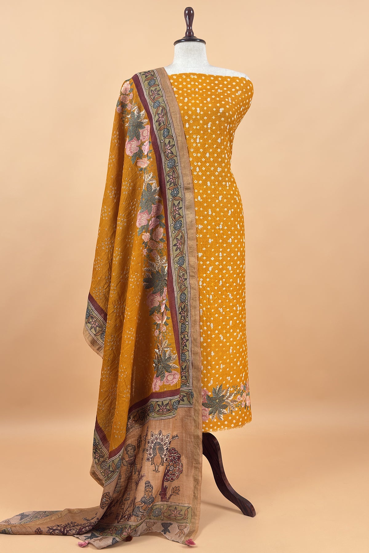 Yellow Handloom Desi Tussar Bandhani Kurta And Authentic Hand-Painted Kalamkari Dupatta