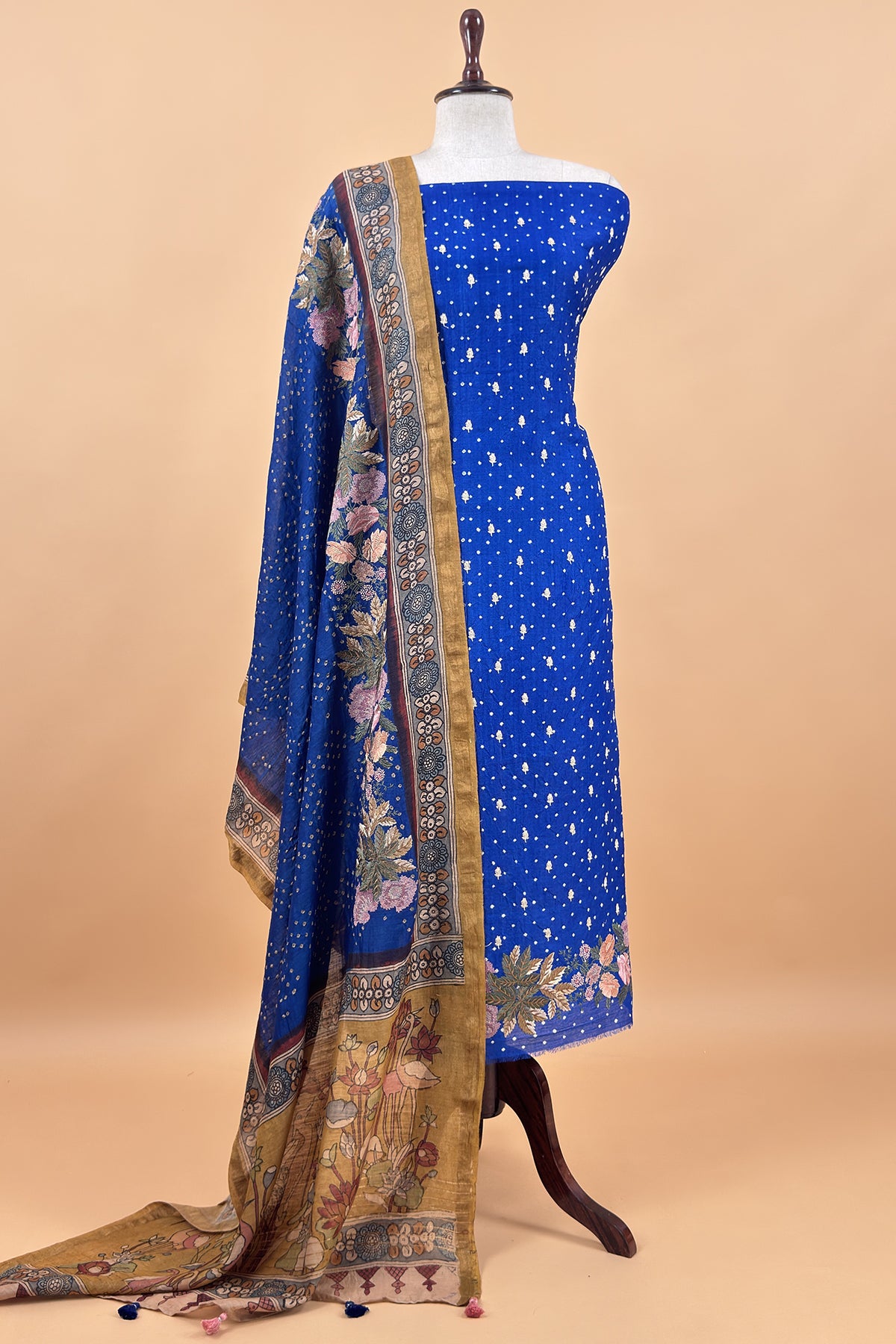 Blue Handloom Desi Tussar Bandhani Kurta And Authentic Hand-Painted Kalamkari Dupatta