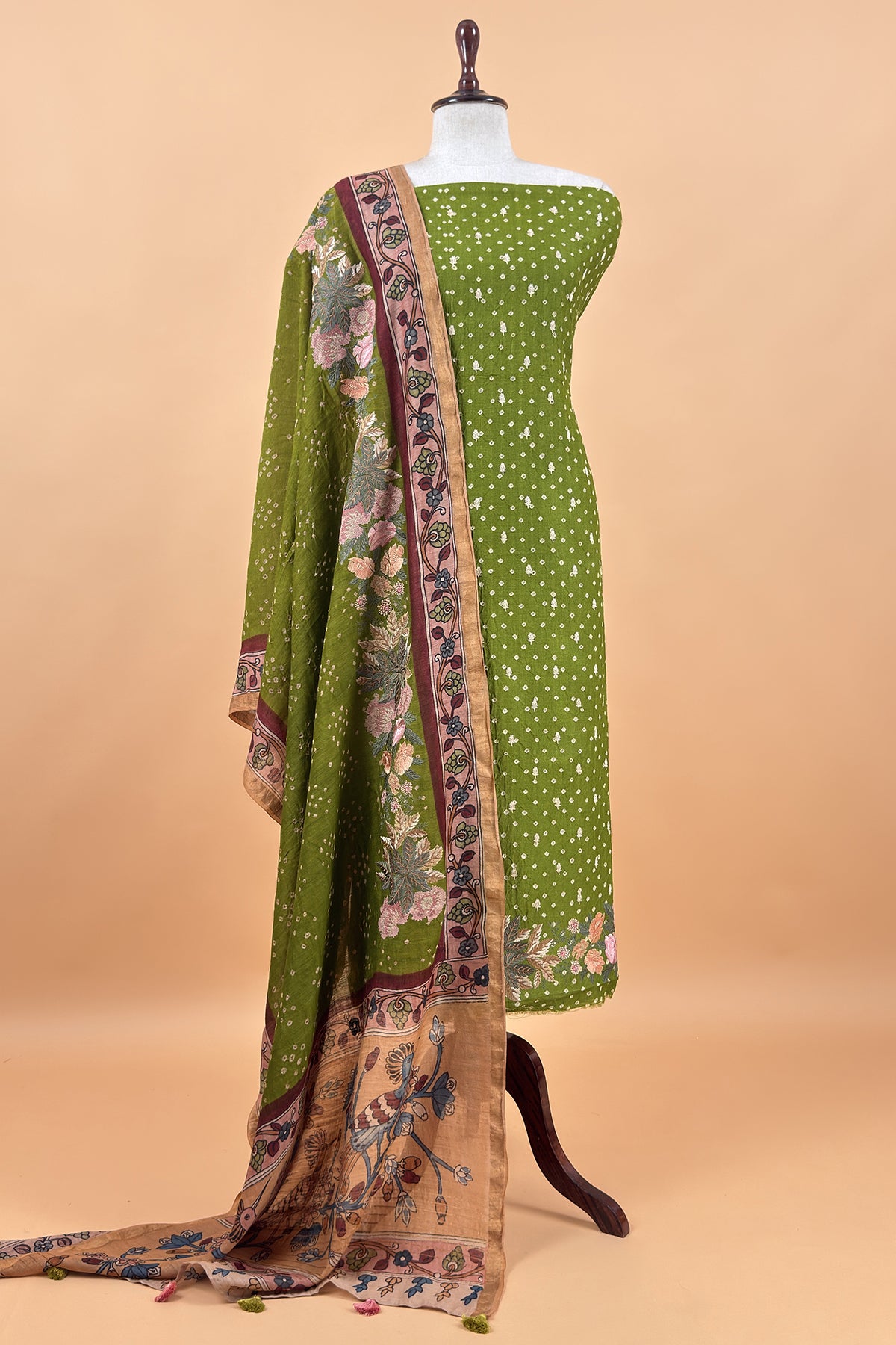 Mehndi Green Handloom Desi Tussar Bandhani Kurta And Authentic Hand-Painted Kalamkari Dupatta