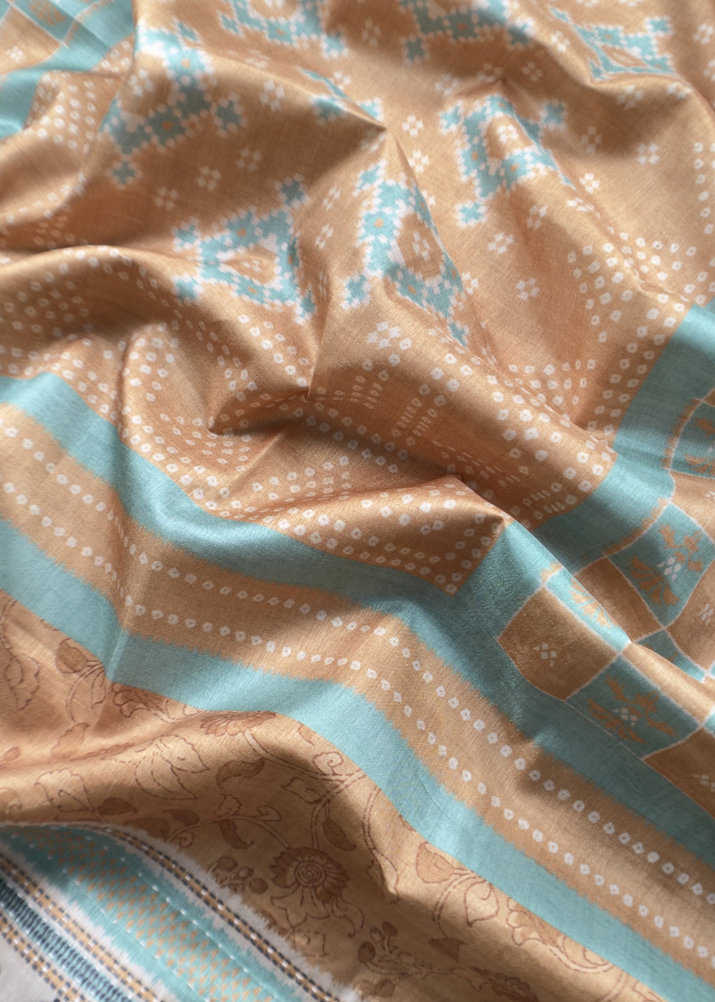 Mustard Yellow Printed Unstitched Suit in Art Tussar Fabric