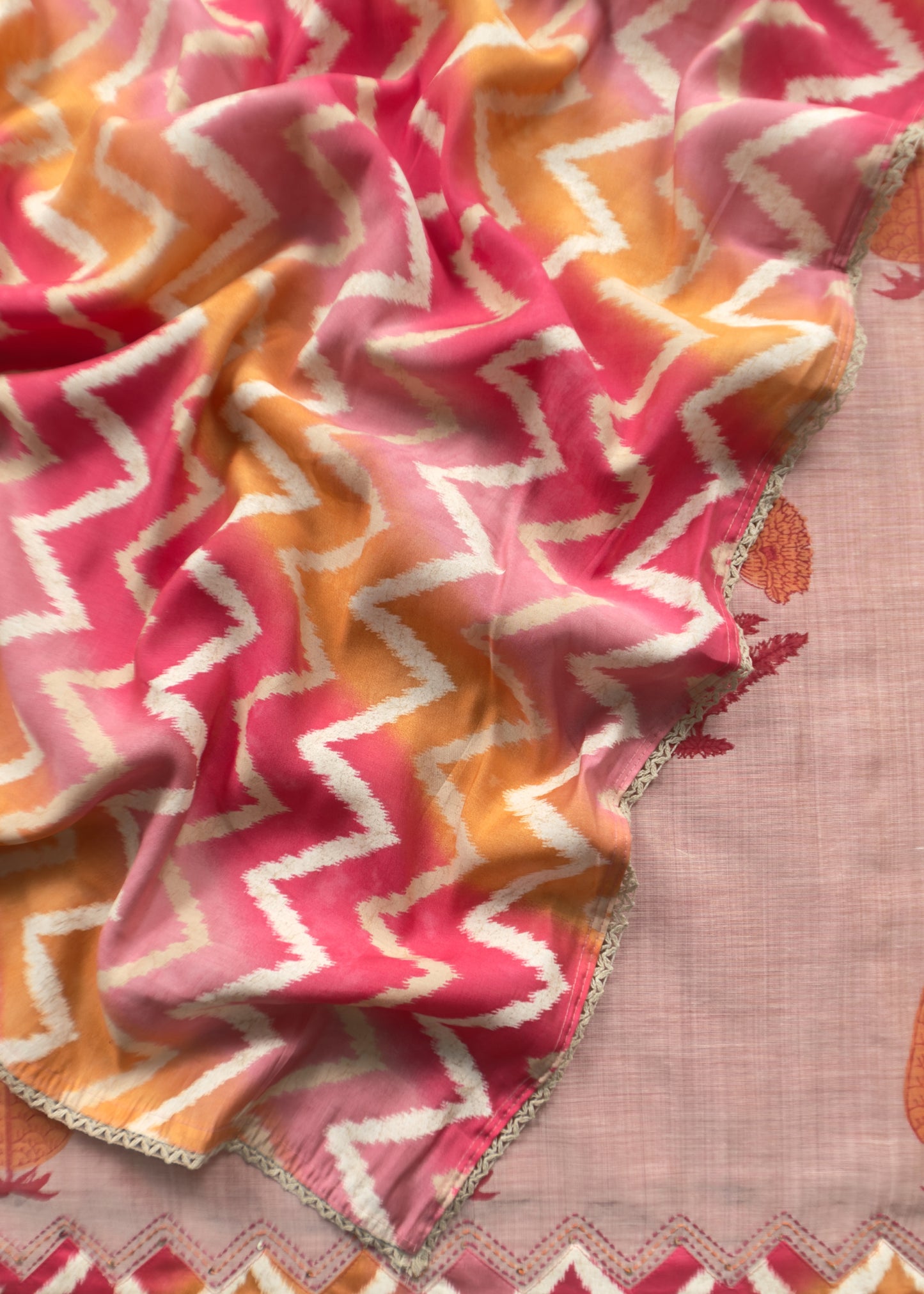 Pink Chanderi Hand-Block Print Unstitched Suit