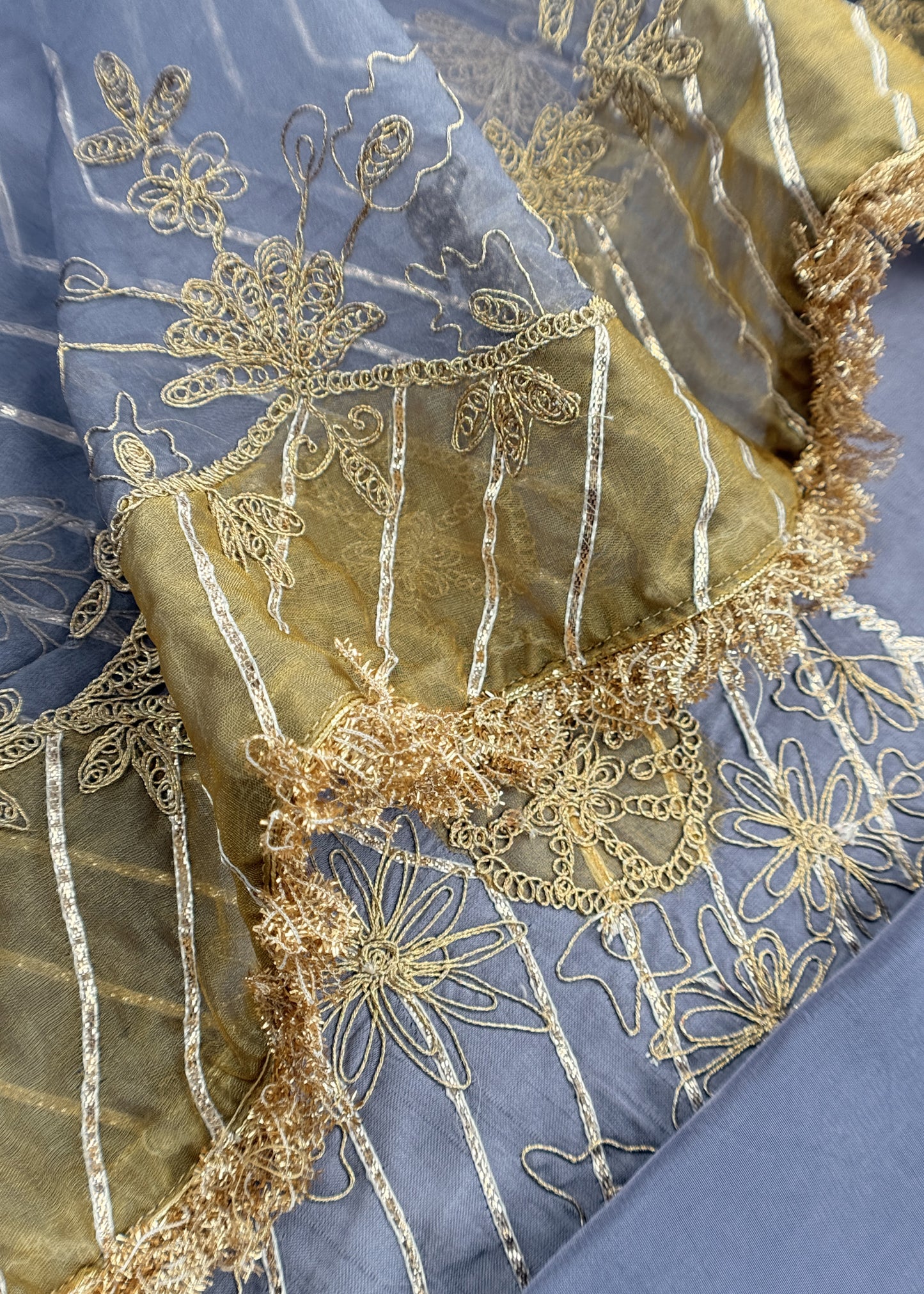 Cornflower Blue Pure Silk Suit With Dori embroidery, Jhalar laces, Appliqué And Gota Handwork