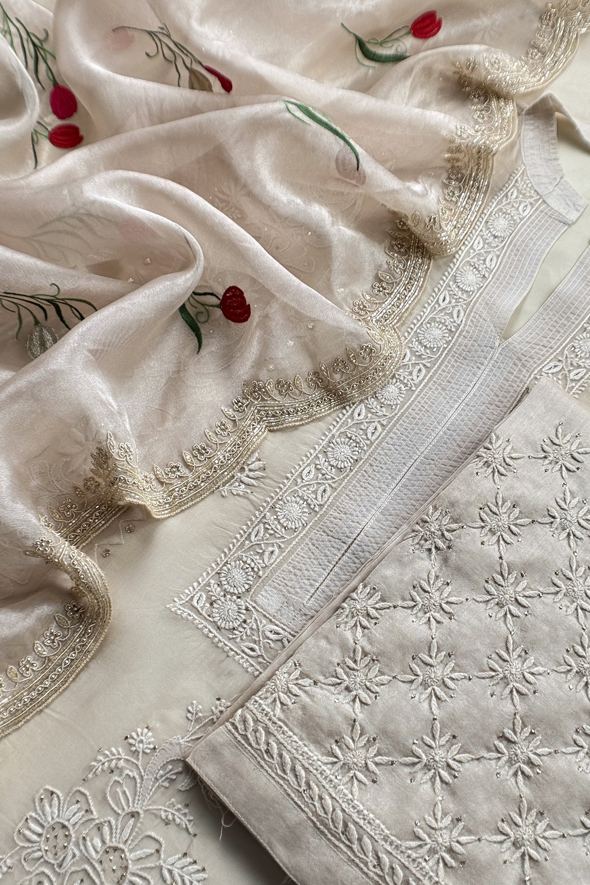 Ivory Pure Organza Hand Embroidered Lakhnavi Kurta And Tissue Silk Dupatta