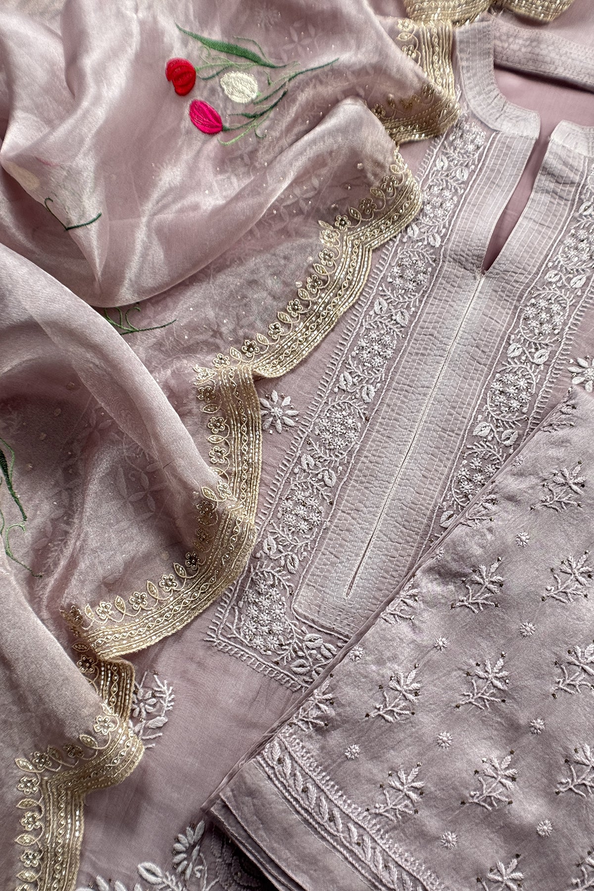 Mauve Pure Organza Hand Embroidered Lakhnavi Kurta And Tissue Silk Dupatta
