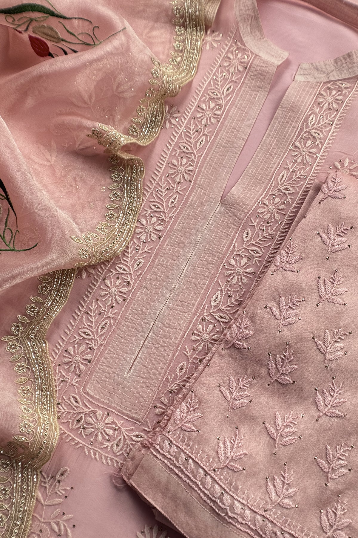 Pink Pure Organza Hand Embroidered Lakhnavi Kurta And Tissue Silk Dupatta