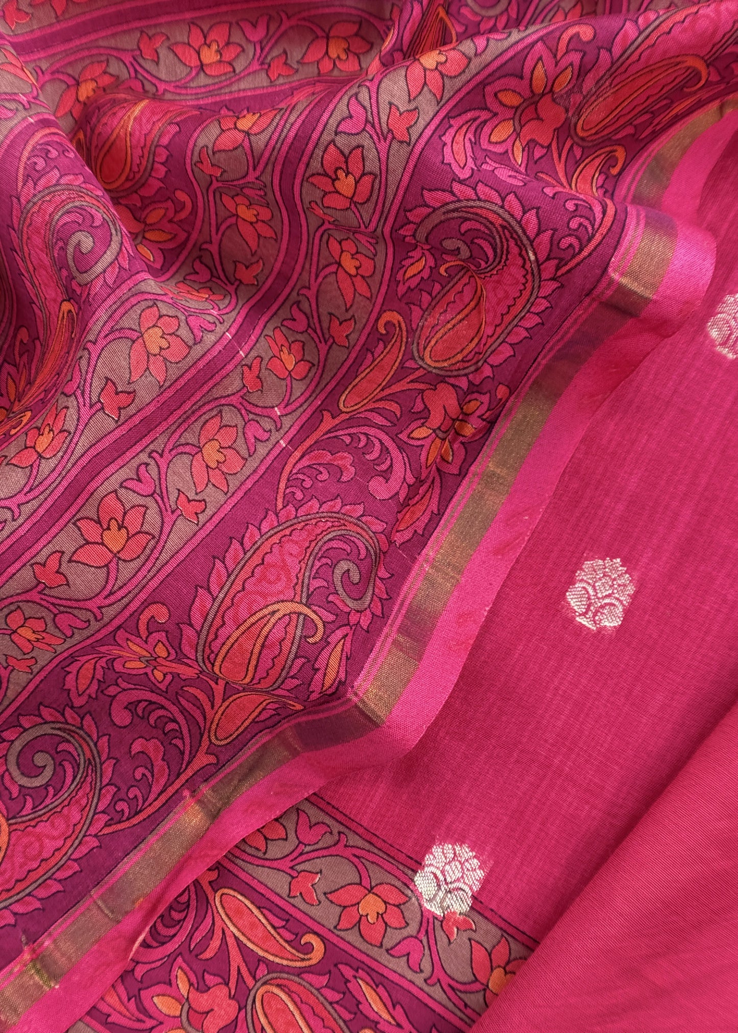 Pink Handloom Maheshwari Silk Unstitched Suit With Kalamkari Dupatta