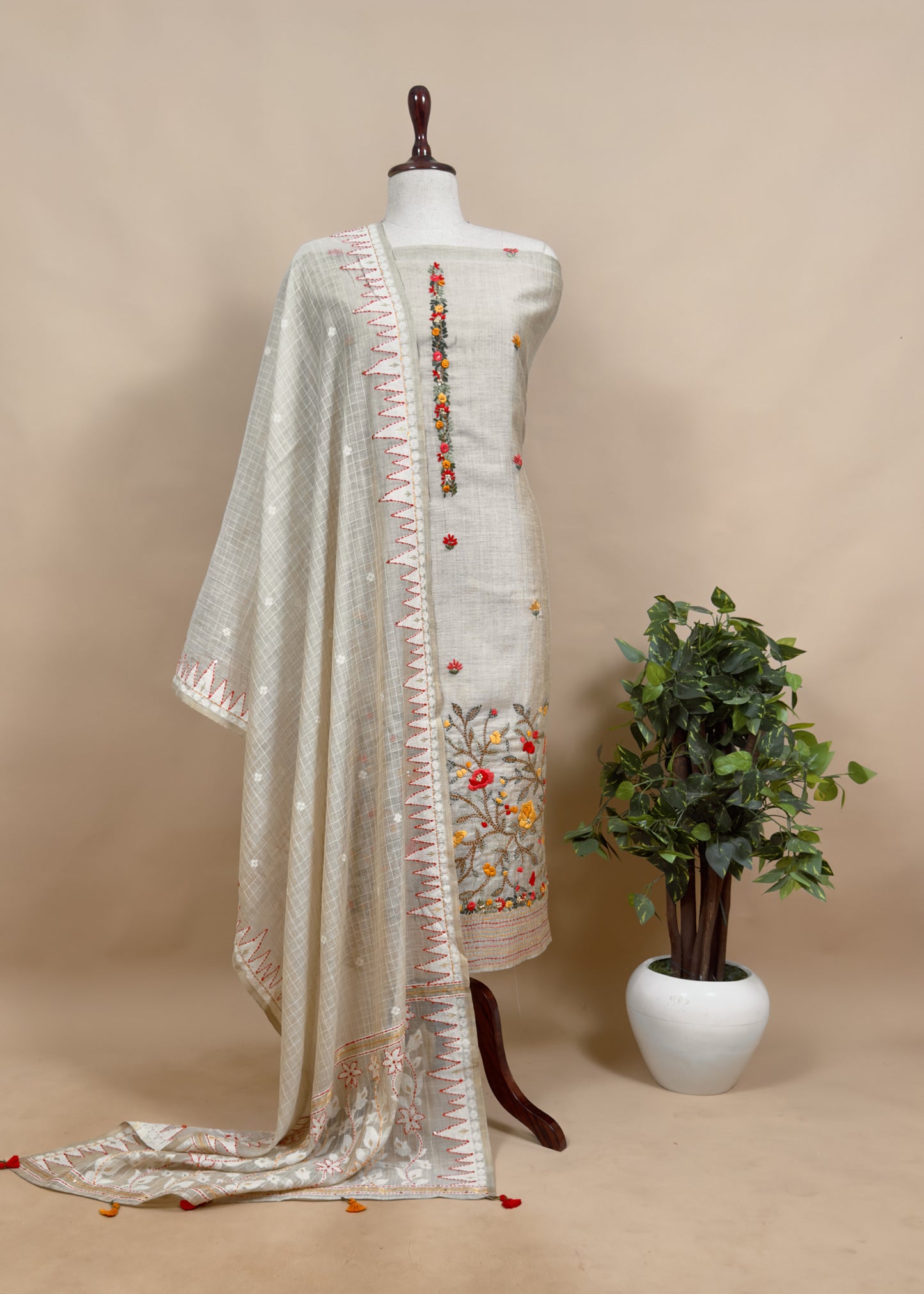 Light Fawn Linen Chanderi Unstitched Suit With French Knot And Kantha Hand Embroidery