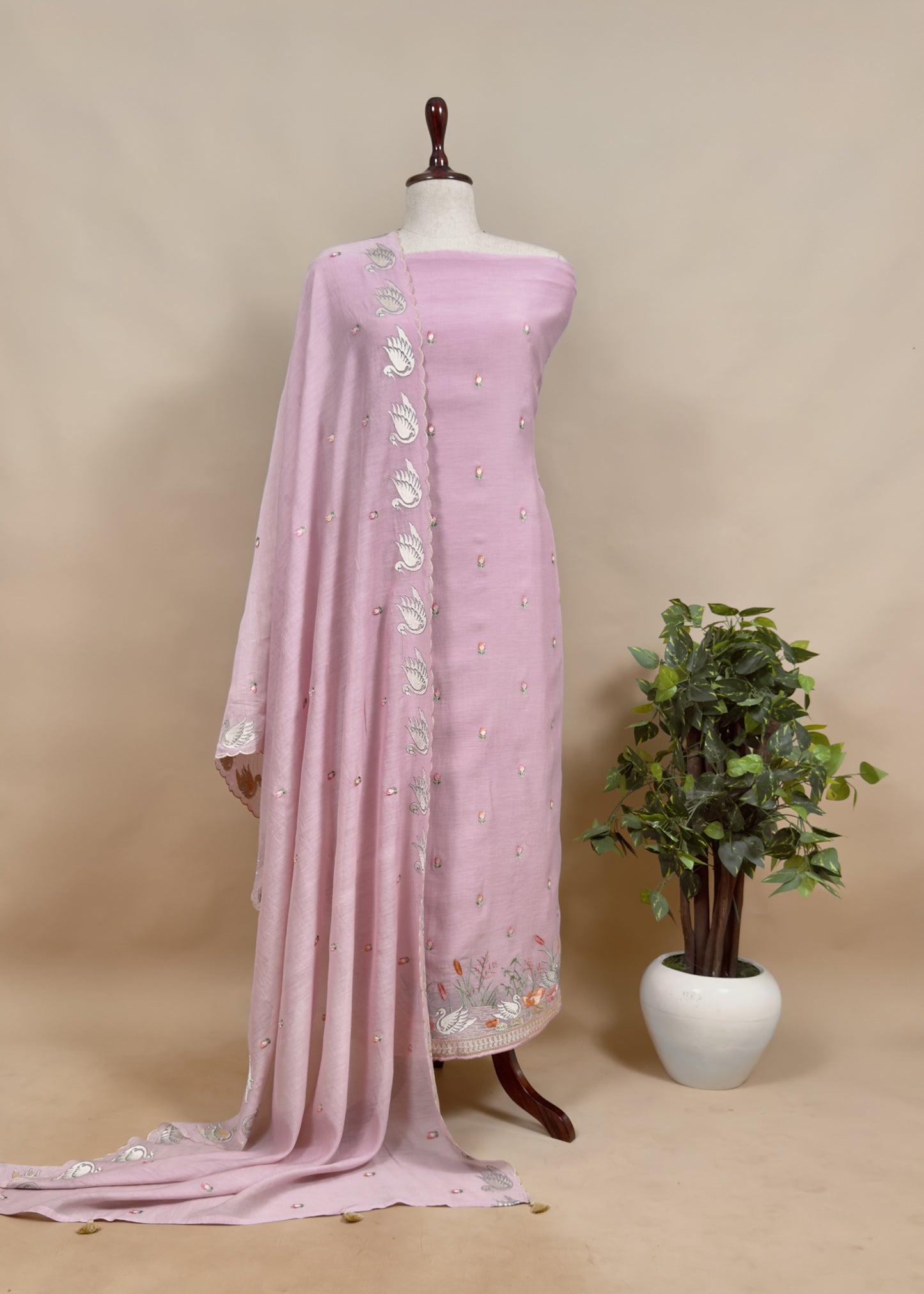 Light Yellow Summer Swans Pure Mul Suit With Embroidery