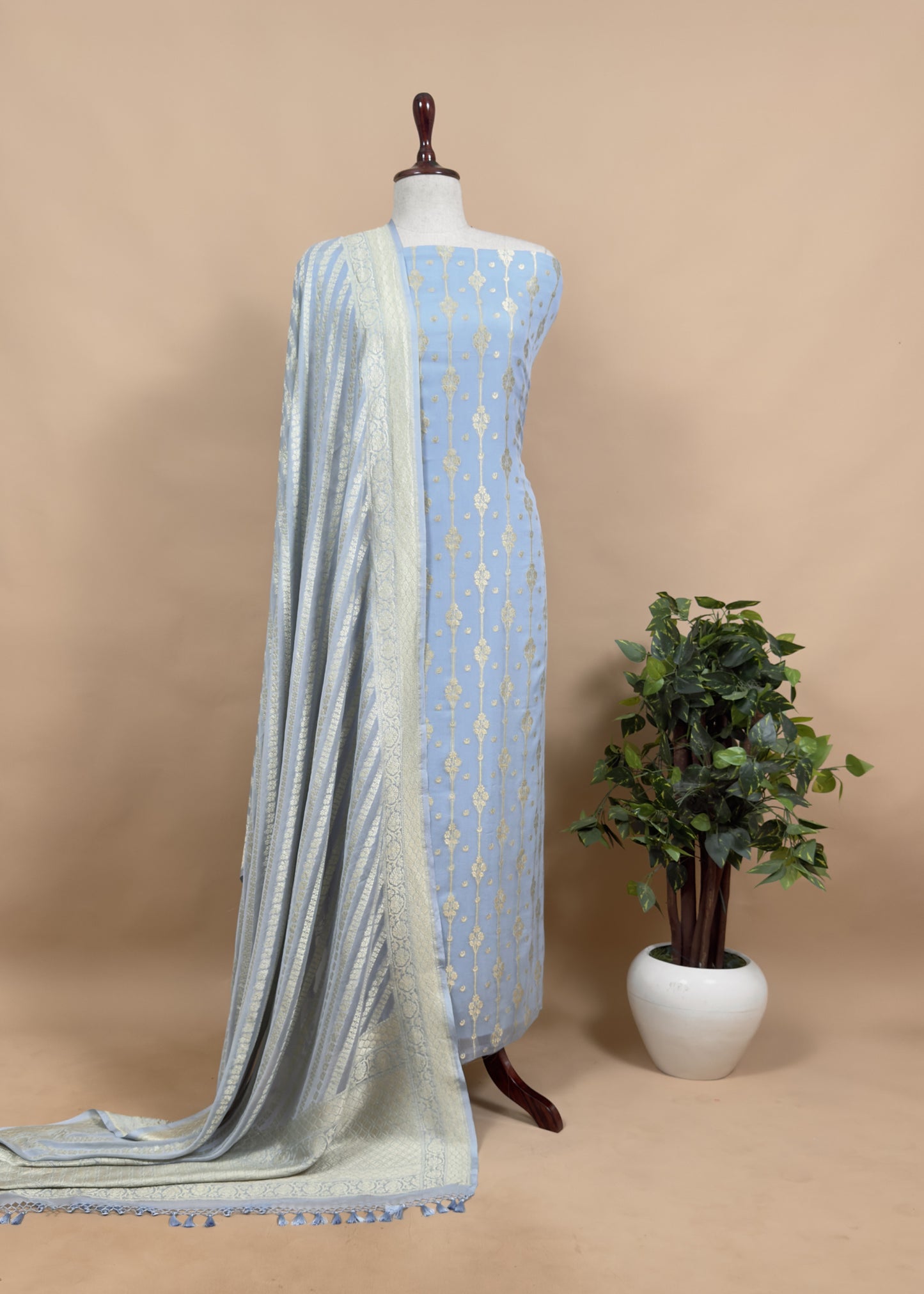 Blue Handloom Chiffon Suit Fabric With Zari Weaving Cutwork