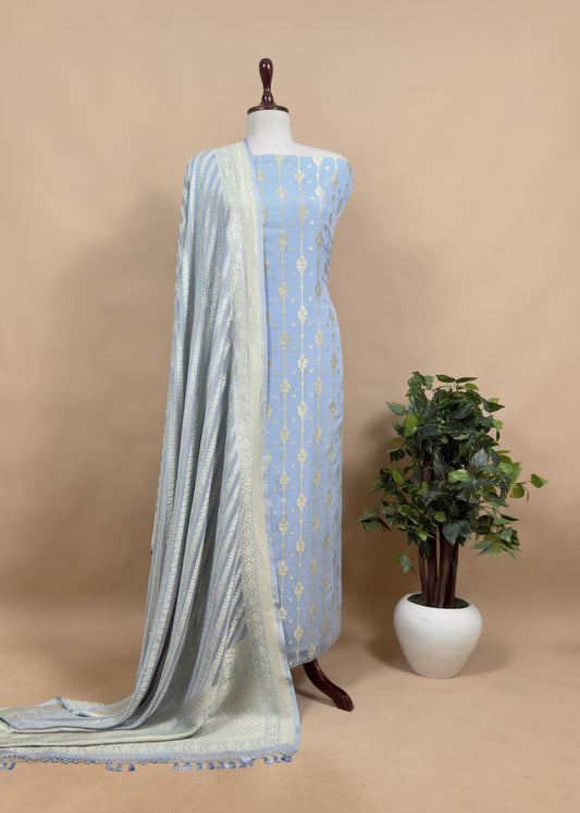 Blue Handloom Chiffon Suit Fabric With Zari Weaving Cutwork