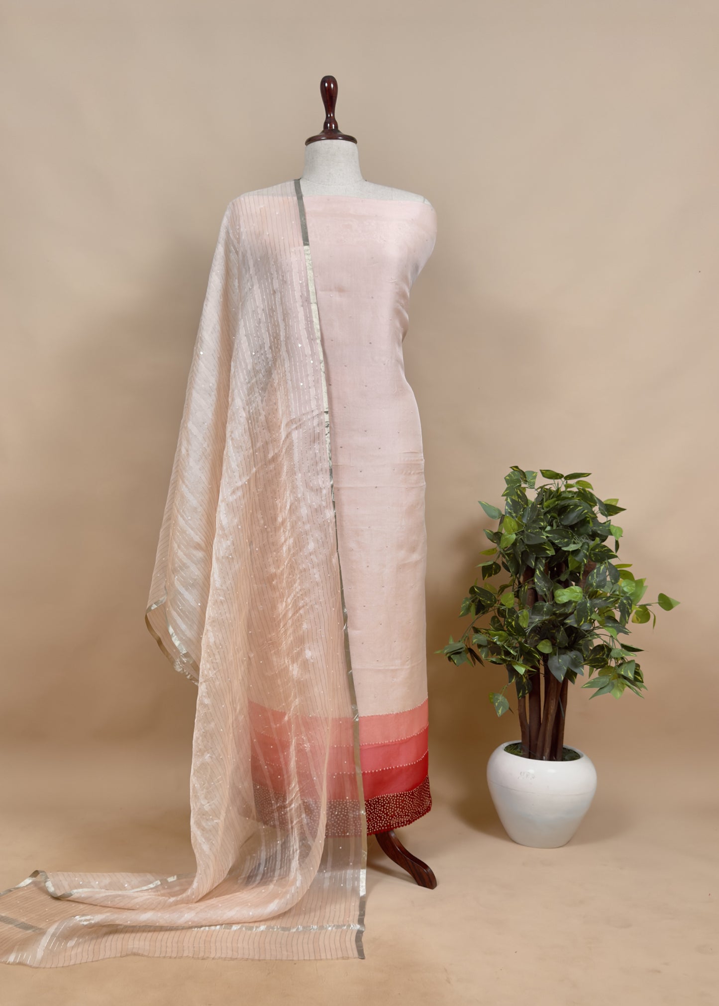 Rohit Bal Inspired Cherry Shades Abstract Print Organza Suit With Sequins